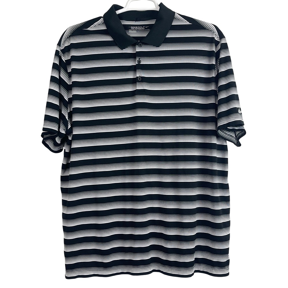 00660 Nike‎ Golf Tour Performance Polo Shirt Black White Stripe Dri-Fit Men XXL